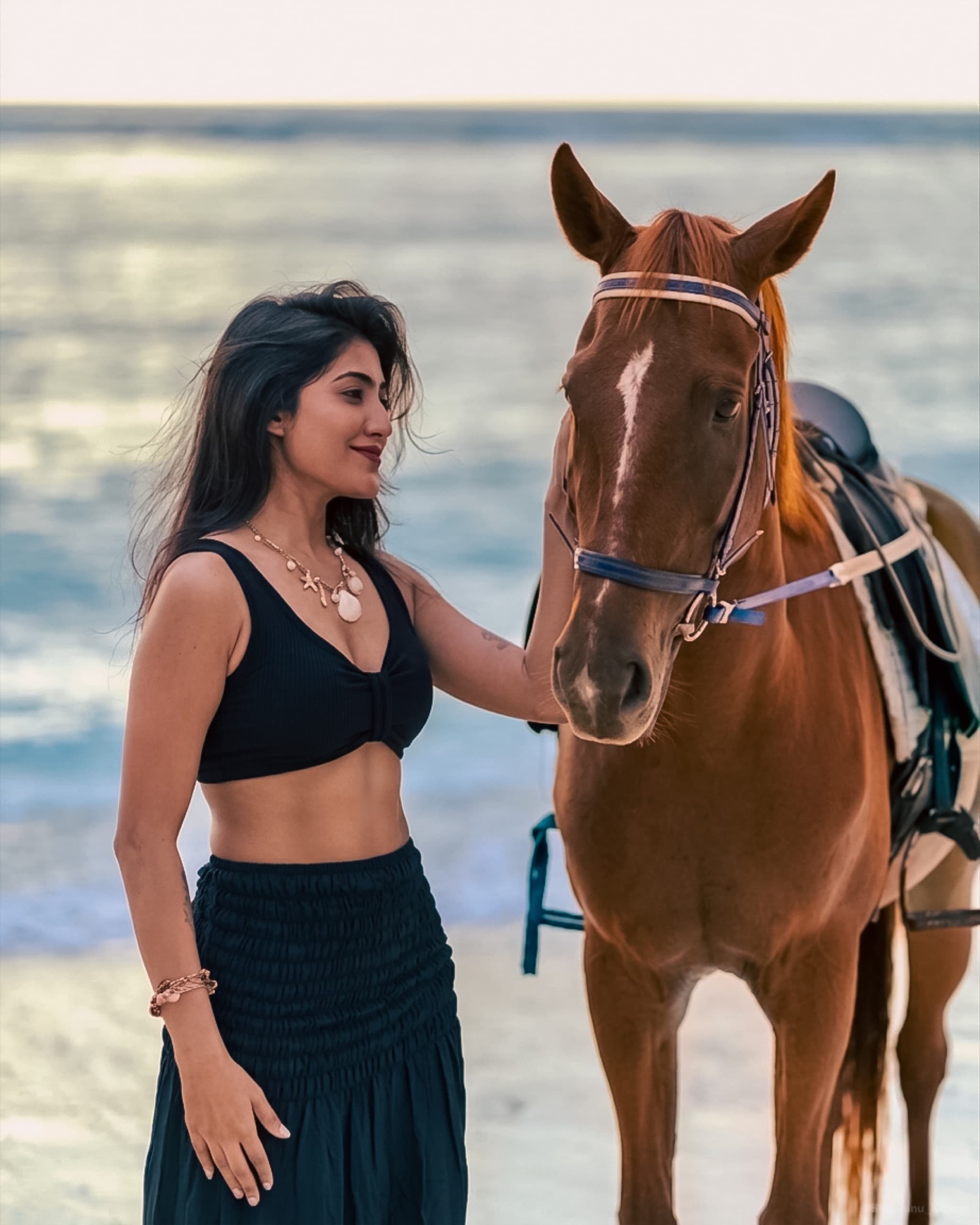 Portrait photography — a woman leading a chestnut horse along the surf on a bright beach.